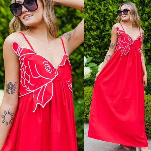Farm Rio Koi Maxi Dress‎ Red Fish Top Linen Size XL NWT - Picture 15 of 16